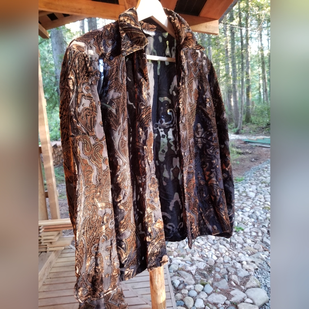 Fashion Jacket Mario Serrani Collar Buttons Velour Mesh Brown Size 10 Small